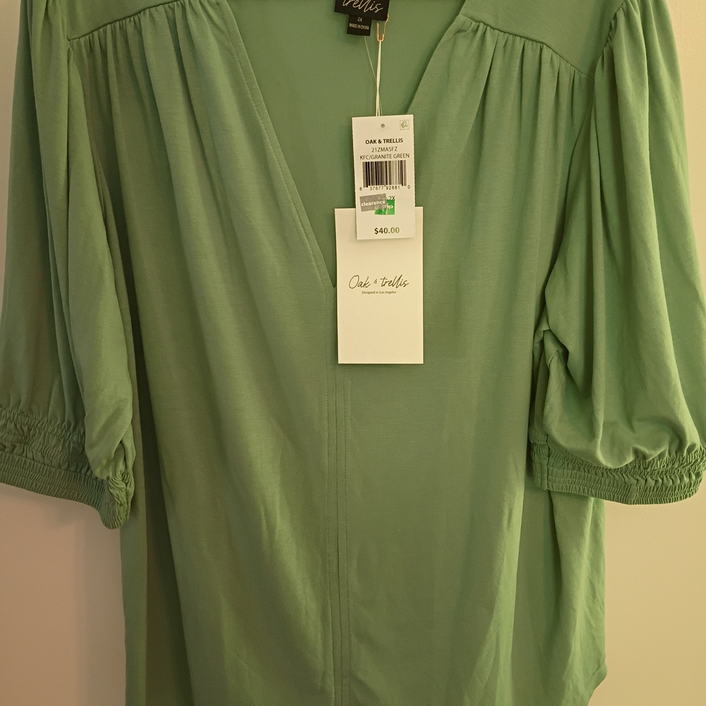 Green Ruched Puff Sleeve Blouse Relaxed Fit By Oak & Trellis.